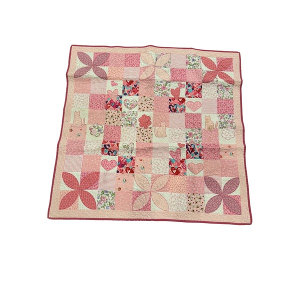 Handmade Other - Handmade Pink Patchwork Quilt Cat Heart Floral Applique Nursery Blanket 44x44